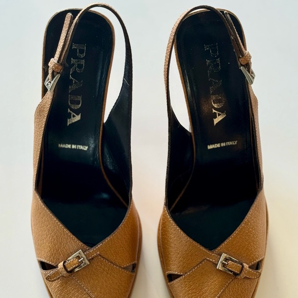 Designer Prada camel heels with silver hardware size 38 or 8 - Picture 2 of 6